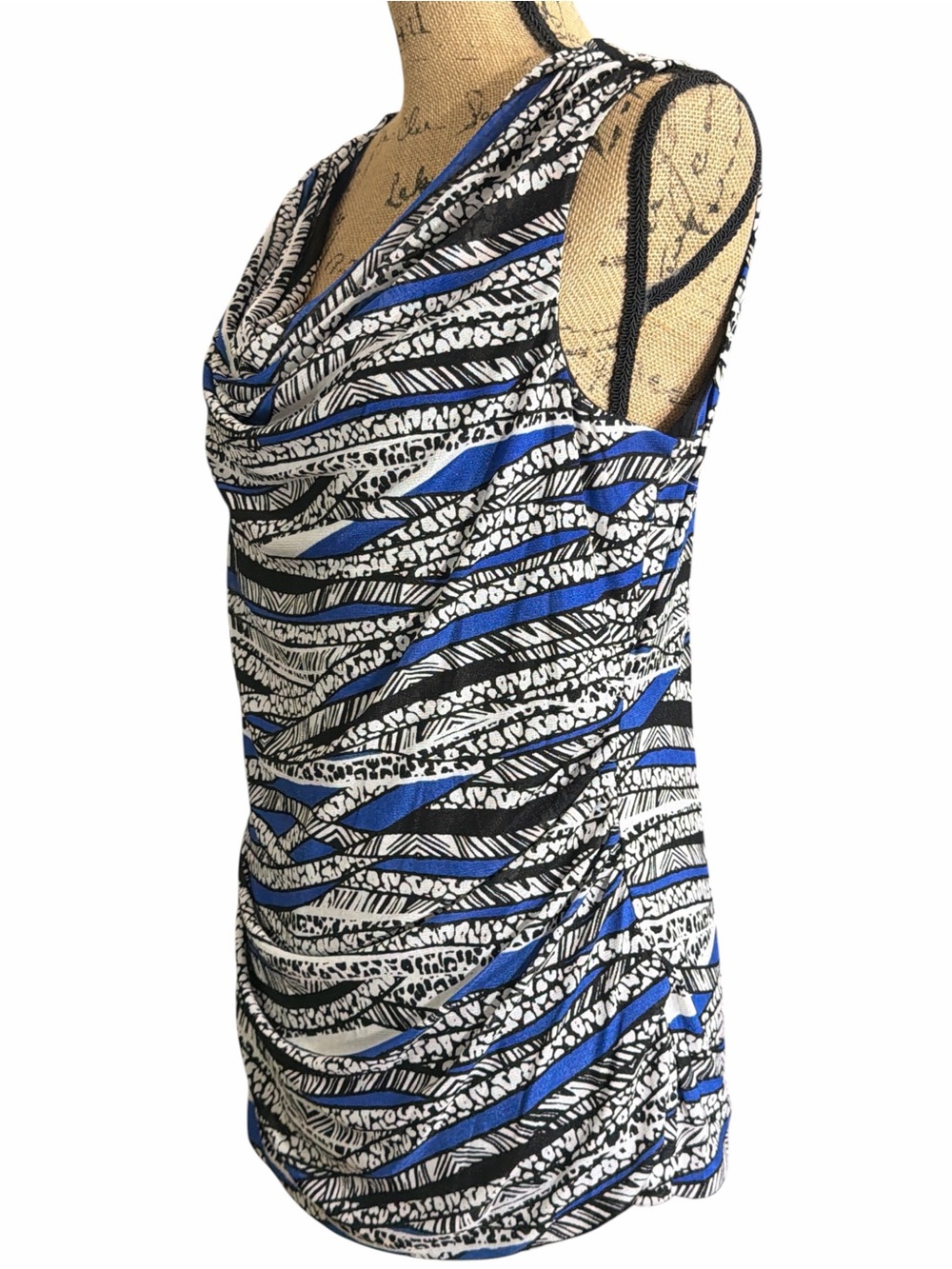 Cable & Gauge Blue, Black & White Cowl Neck Sleeveless Top EC. Size X-Large - Picture 4 of 8